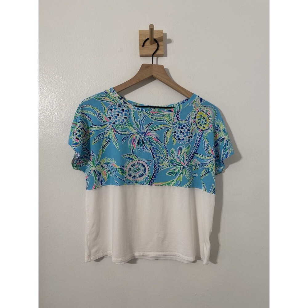 Lilly Pulitzer Womens Finn Crop Top Bermuda Blue Turtle Print Dolman Sleeve Med